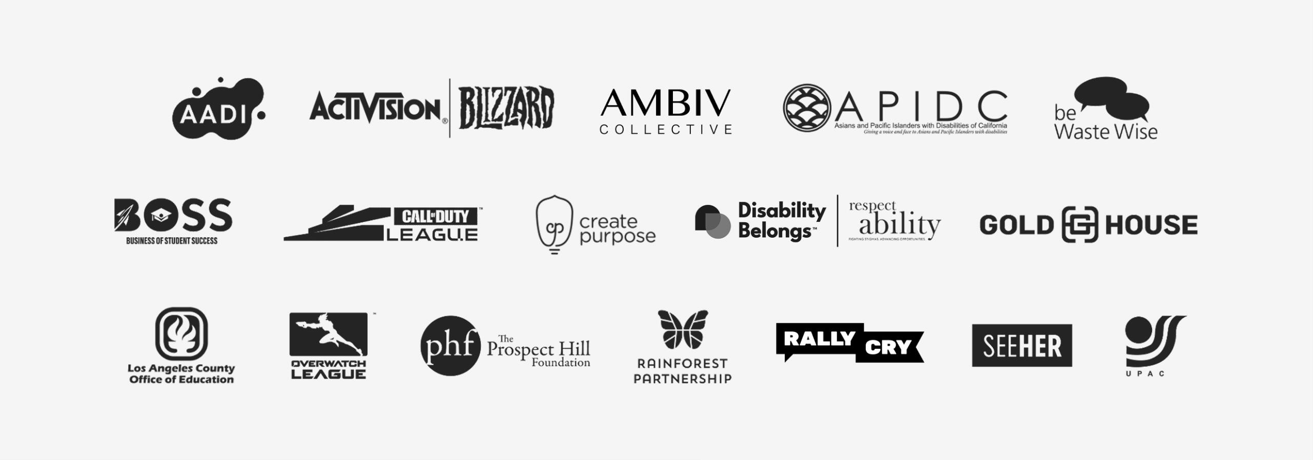 Collection of logos of organizations and brands Kim has worked with: Asian Americans with Disabilities Initiative (AADI); Activision Blizzard; AMBIV Collective; Asians and Pacific Islanders with Disabilities of California (APIDC); beWasteWise; BOSS (Busine