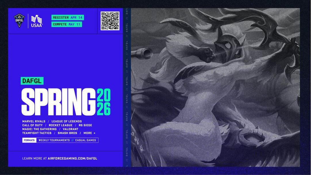 DAFGL Spring 2026 season graphic with registration and competition dates, a list of game titles, and a monochrome fantasy illustration