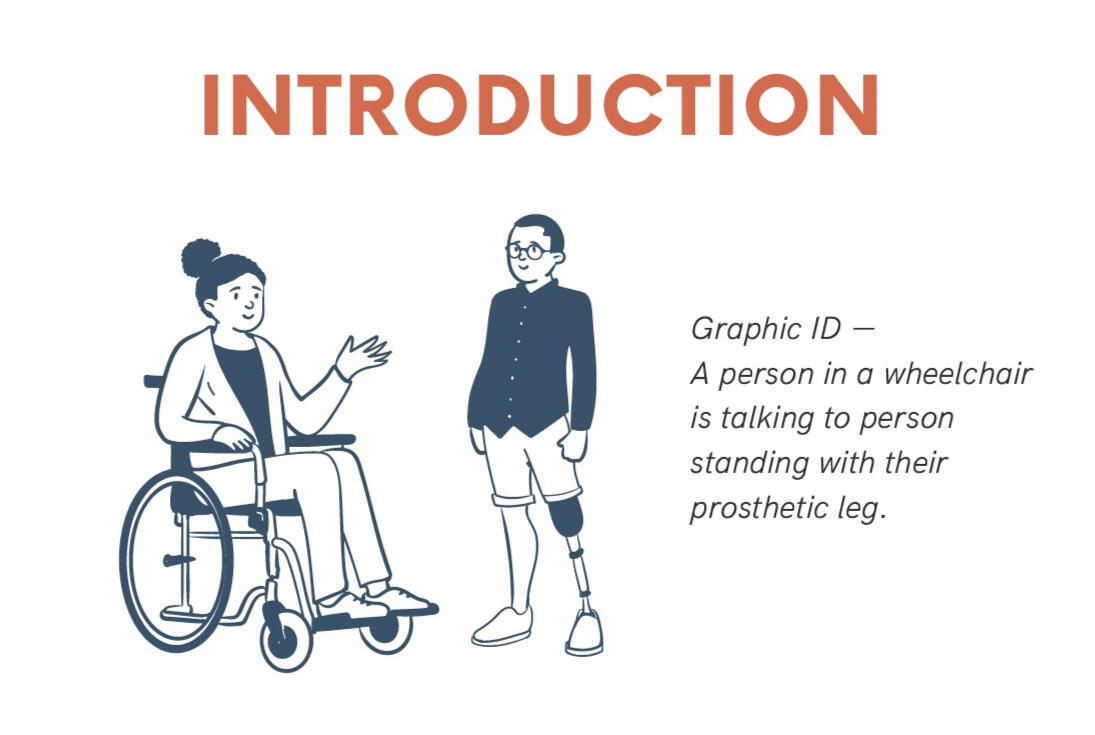 Resource guide Introduction page with an illustration and its image ID: a person in a wheelchair talking to a person standing with a prosthetic leg